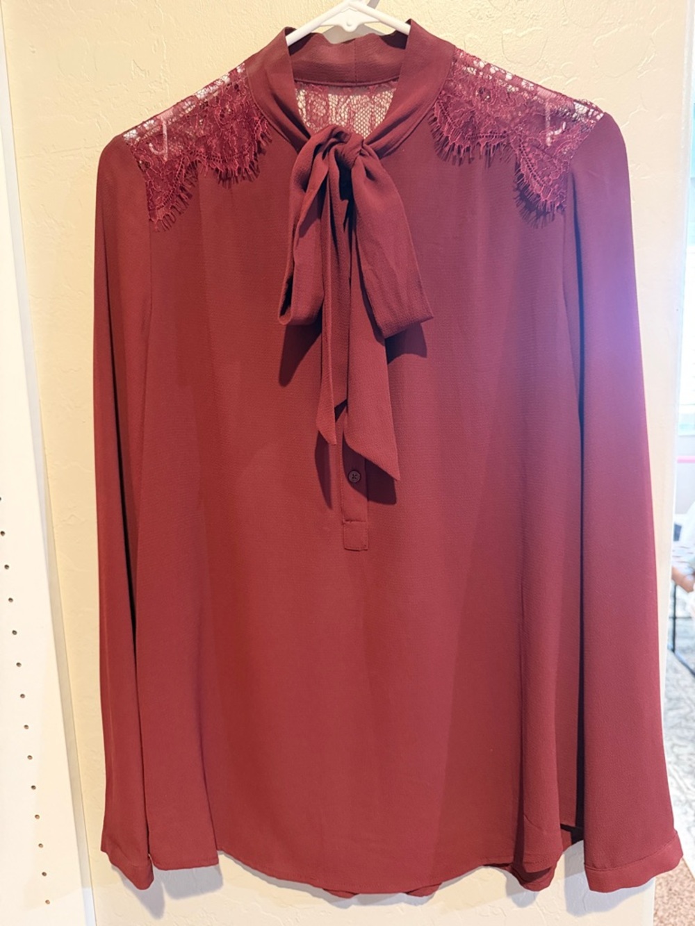 Burgundy button up blouse with tie